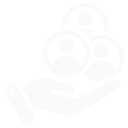 Icono de una mano sosteniendo varias siluetas de personas, representando la atención al cliente y el soporte comunitario.